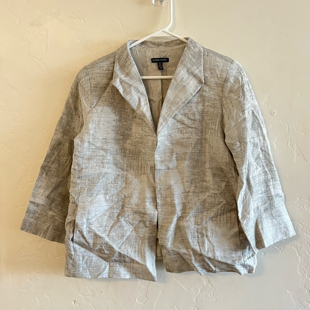 Eileen Fisher Gray & White Metallic Printed Open Front Jacket Small